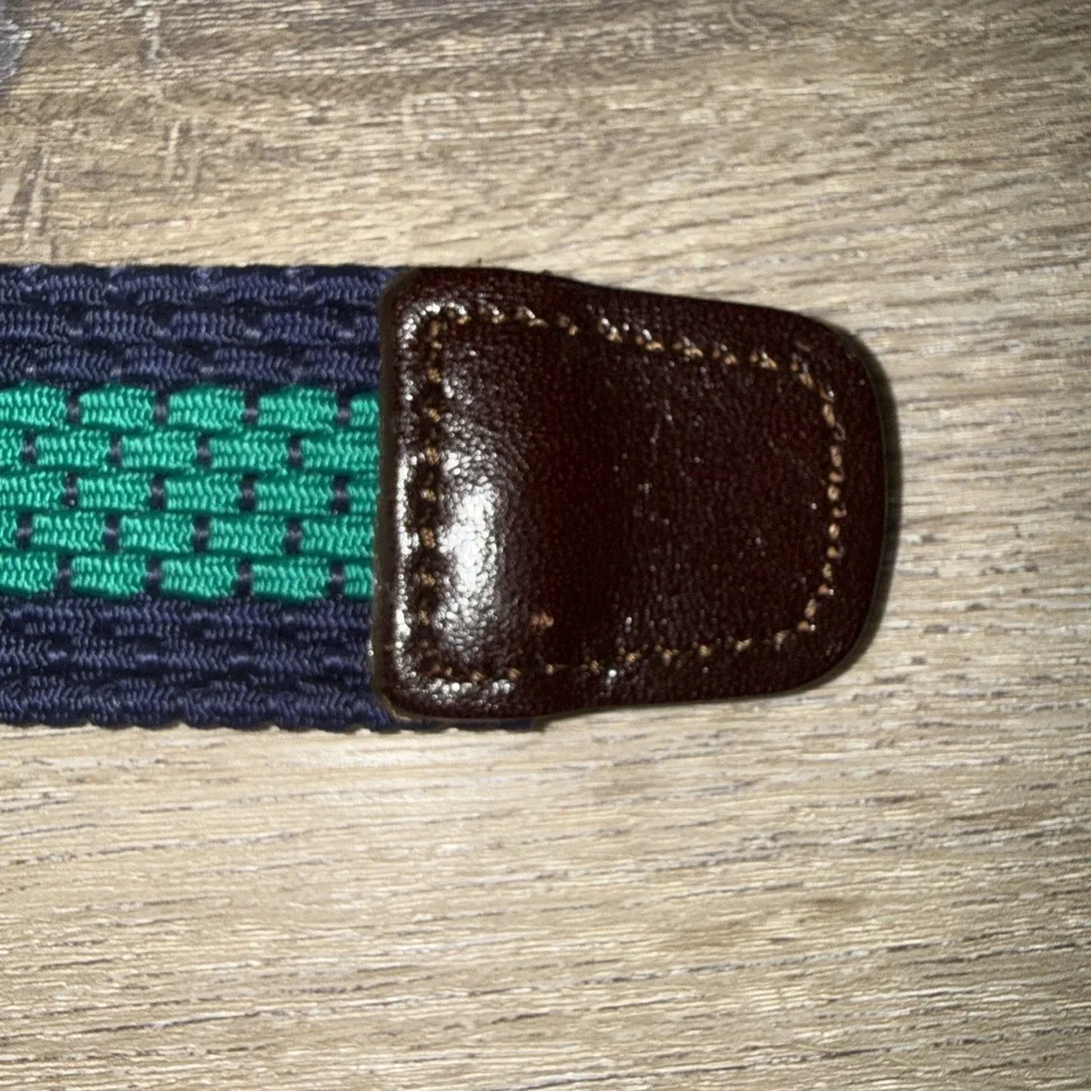 Lands' End Dark Blue & Green Woven Belt Leather Buckle Preppy Size M Made USA